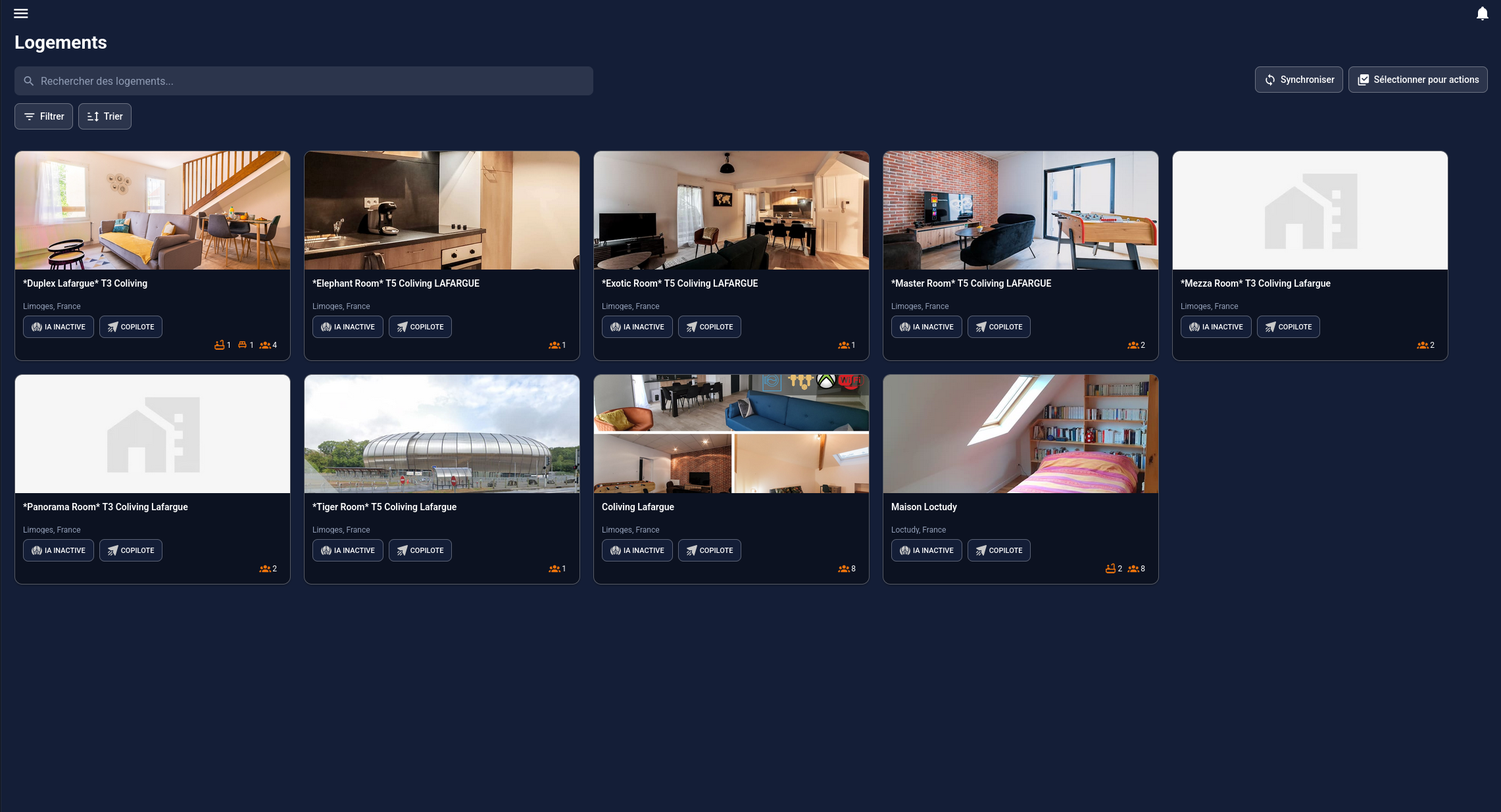 Page qui liste tous les logements synchronisés depuis le channel manager